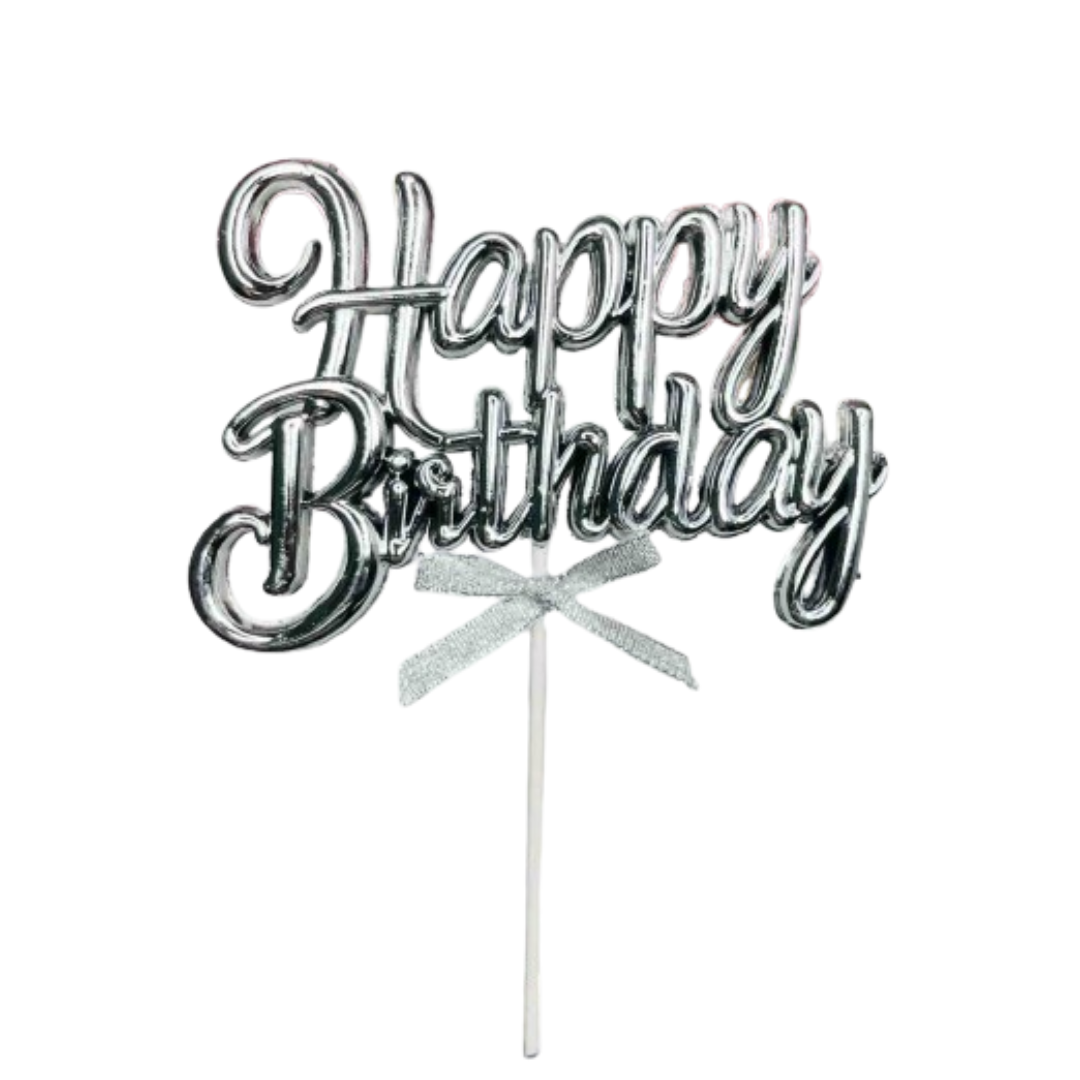 3D Happy Birthday Cake Topper (Silver)